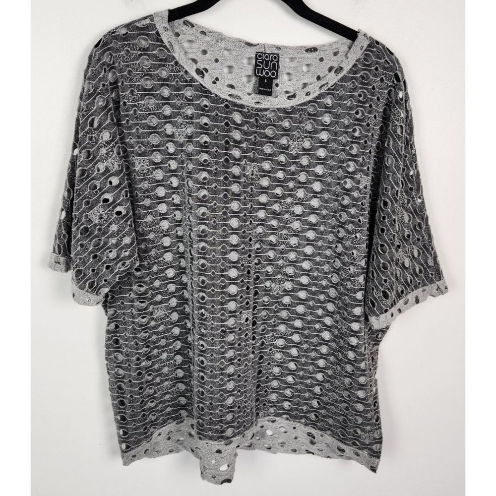 Clara Sunwoo Women's Sz. S Short Sleeve Oversized Grey Holey Top